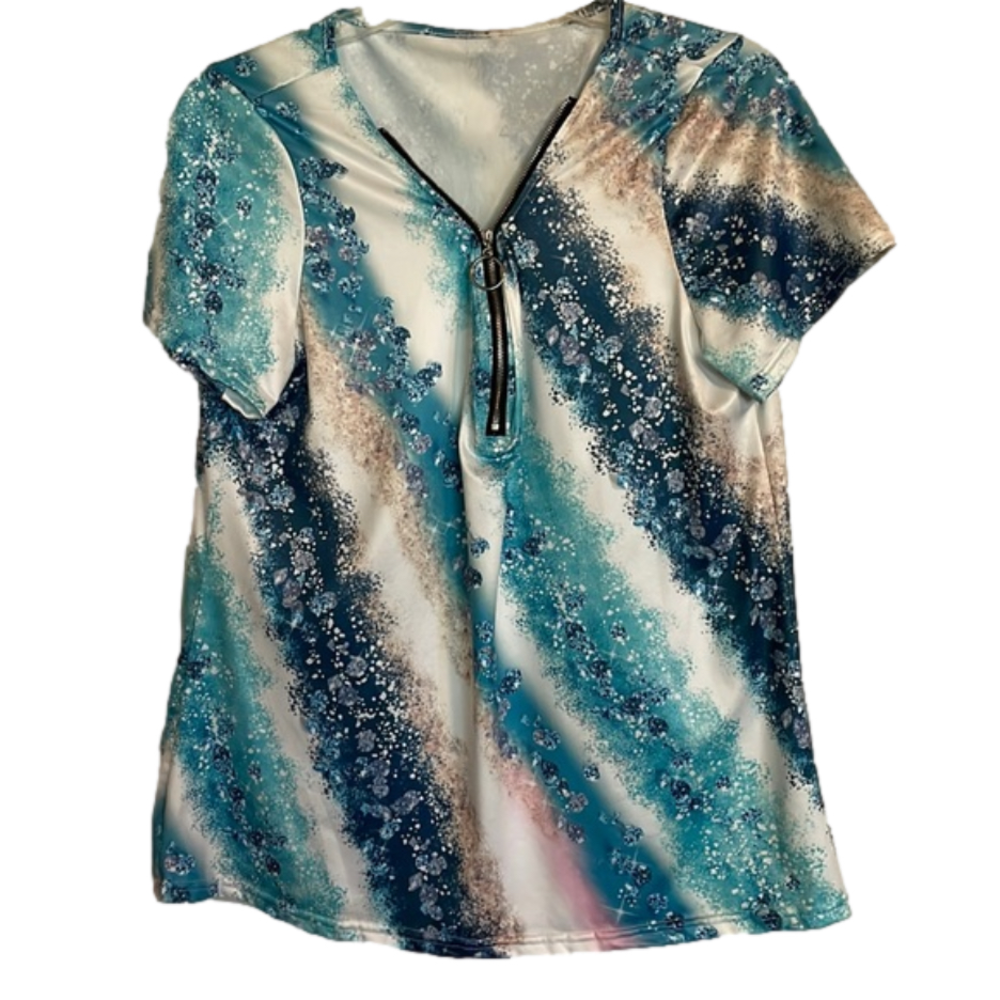 Marble Print Zipper Versatile Top, Women’s L, Blue White Multicolor